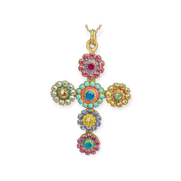 Michal Golan Signed Pastel Floral Crystal Multicolored Gem Cross Necklace - Picture 9 of 15